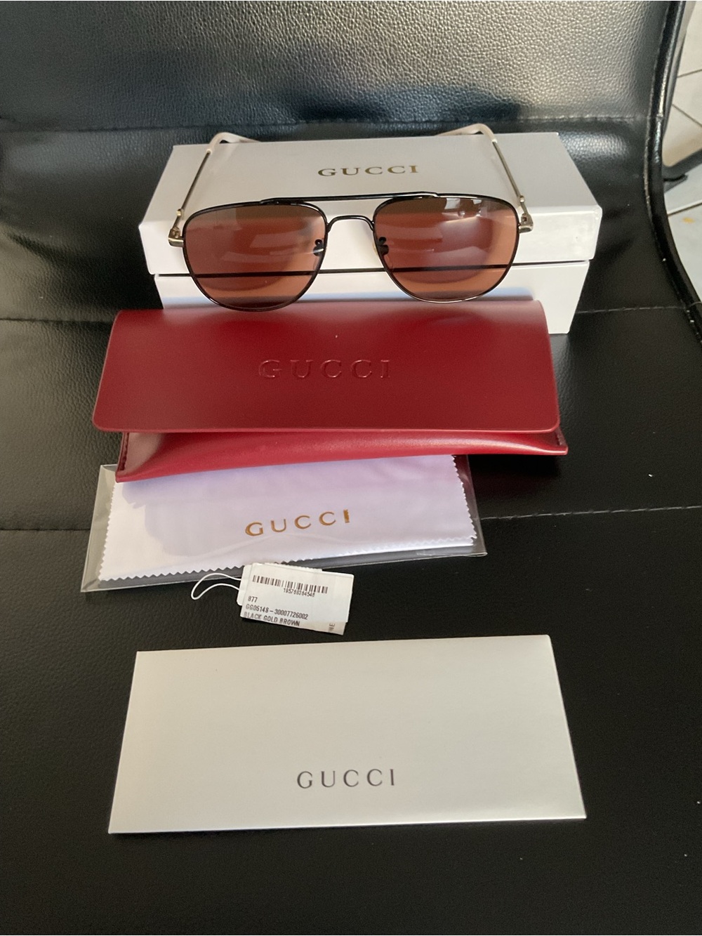Gucci Gold Frame Sunglasses with Brown Lenses and Red Case